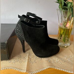Ankle strap bootie with black rhinestones